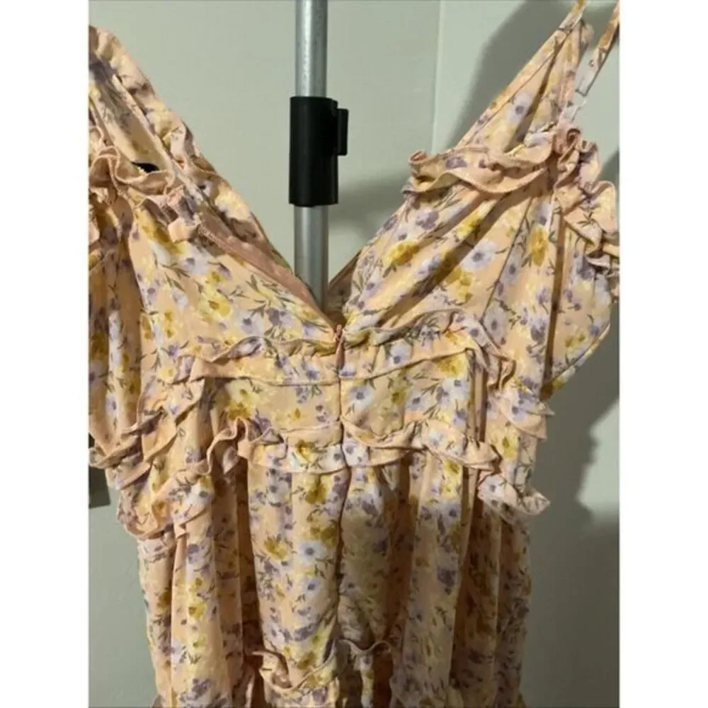 Iris Ruffled Spaghetti Adjustable Straps Light‎ Orange Floral Sz M